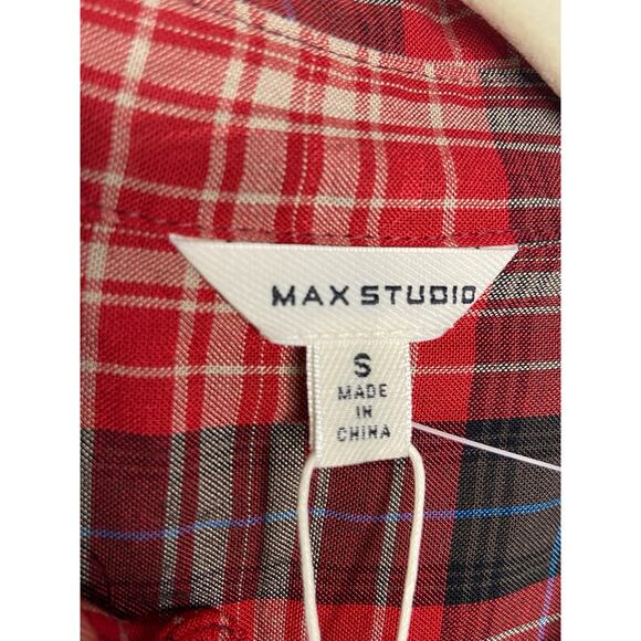 Max Studio Flannel Button Down Shirt Roll Tab Long Sleeve Plaid Red Black Size S - Picture 7 of 9